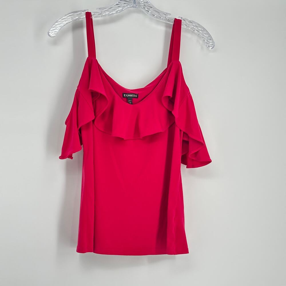 Express Women's Halter Neck Ruffled Top Size Small Cold Shoulder Hot Pink Blouse